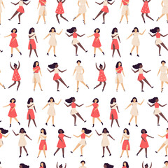 Seamless pattern with beautiful dancing woman. Vector illustration in a flat style
