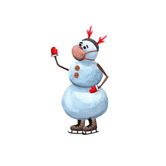 Snowman in a medical mask on skates, in deer antlers, hand drawn watercolor illustration on a white background for New Year cards, posters