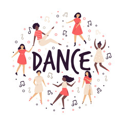 Abstract circle design with cute dancing women.