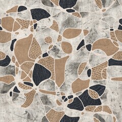 Seamless collage of burlap cardboard and denim randomly dispersed in a messy pattern with another design. High quality illustration. Montage or patchwork concept between wavy lines. Trendy assortment.