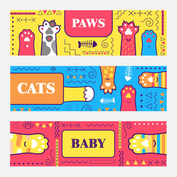 Cartoon banner designs with kitten paws. Cute kitten paws on bright colored background. Domestic animals and pets concept. Template for poster, promotion or web design