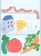 funny food having fun inside the fridge