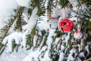 Red and white baubles under a Christmas tree branch in the snow, tiny decor