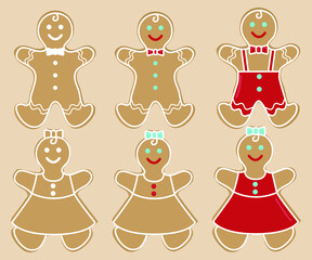 Set of vector images of gingerbread men in red. Flat atmospheric image templates for New year and Christmas.