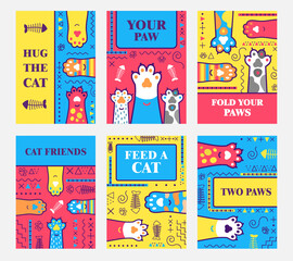 Stylish brochure designs with cat paws. Vivid bright greeting cards with text. Domestic animals and pets concept. Template for promotional leaflet or flyer