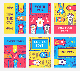 Fototapeta premium Stylish brochure designs with cat paws. Vivid bright greeting cards with text. Domestic animals and pets concept. Template for promotional leaflet or flyer