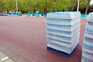 Pallet  of water bottles ready for distribution