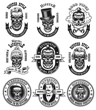 Monochrome hipster style labels vector illustration set. Retro emblems with bearded skulls in glasses for barbershop on white background. Hipster lifestyle concept can be used for retro template