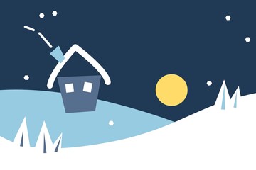 Winter vector illustration with empty space. Night landscape, house, snowdrifts, moon. Design for banner, flyer, brochure, card, poster. Winter holiday design. Perfect for holiday greeting