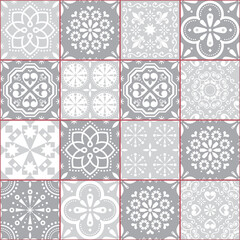 Portuguese Azulejo tile seamless vector pattern, Lisbon geometric and floral grey retro tiles design collection