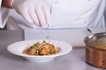 view of male chef hand sprinkling chopped parsley on a plate with chickpea stew and meat