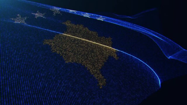 3d render. Kosovo digital flag with binary code texture flies in the wind. Seamless loop.