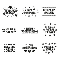 Cute black and white vector doodles for mail, postage and postcrossing. Short quotes with hearts, flowers, lightning and elements. Vector template for card, postcard, banner, poster, sticker