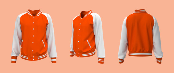 Varsity Jacket mockup in front, side and back views. 3d illustration, 3d rendering