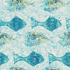 Teal blue fish weathered grunge nautical texture background. Summer coastal living farmhouse home decor tile. Rustic sea life fishes material. Worn turquoise dyed beach textile seamless pattern.
