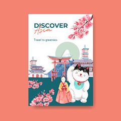 Poster template with Asia travel concept design for brochure and marketing watercolor vector illustration