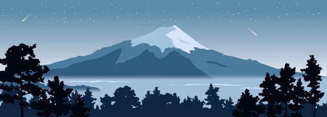 Rolgordijnen Abstract landscape with mount fuji / Vector illustration, narrow background, starlight night, japanese landscape with pine trees in the foreground © imagination13