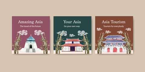 Ads template with Asia travel concept design for marketing and advertise watercolor vector illustration