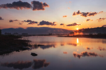 Obraz na płótnie Canvas sunrise over the lake, Koprinka Dam, Bulgaria,river Tundzha