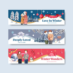 Banner template with winter love concept design for advertise and marketing watercolor vector illustration