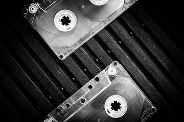 Audio cassette on a colored background close up