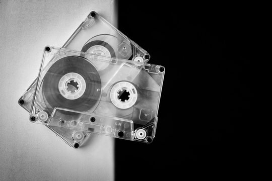 Audio cassette on a colored background close up