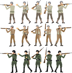 World War Two Soldier Set, American, British and SS German, WW2 Troop, Rifle M1 Garrand, Lee Enfield and Mauser Gun - Vector