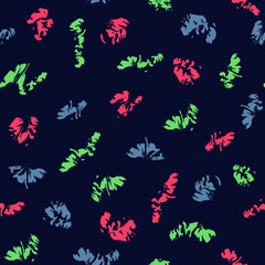 Fototapeta na wymiar Abstract drawing. Nice ornament for textiles, wallpaper, covers. Contrast color. Spots on a dark blue background. Seamless vector illustration.