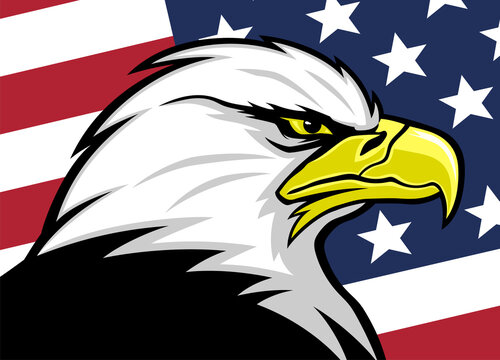 Illustration of American eagle with USA flag background.