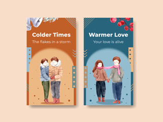 Instagram template with winter love concept design for social media and internet watercolor vector illustration