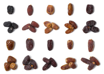 Various type of dried dates fruits on white