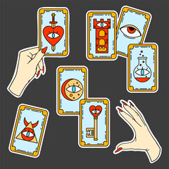 Logo for a tarot reader, print for souvenirs, a set of mystical icon about tarot card. Fortune telling on tarot cards, witch, female hand, magic, love spell, occultism, prediction, esoteric