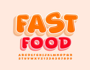 Vector tasty logo Fast Food with bright 3D Font. Orange funny Alphabet Letters and Numbers set