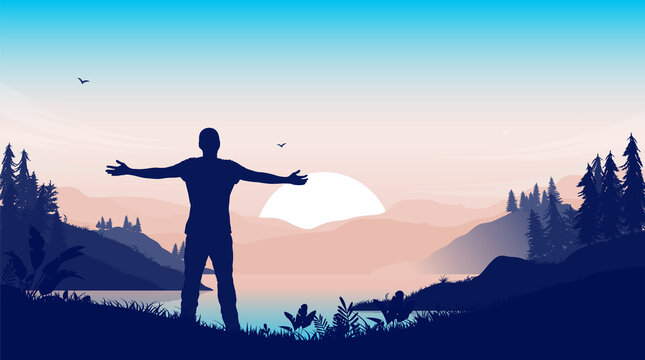 Love nature - Man standing with open arms welcoming a new day in front of landscape and sunrise. Vector illustration.