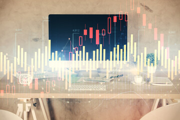 Multi exposure of financial graph drawing and office interior background. Concept of market analysis.