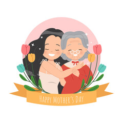 Cute woman embrace her aging mother decorated with tulip flower. Happy mother's day concept logo. Flat vector isolated on white.