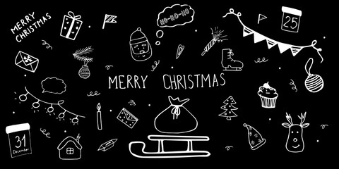 Doodles for Christmas. Christmas sketches for decoration. Chalkboard sketches. New year symbols