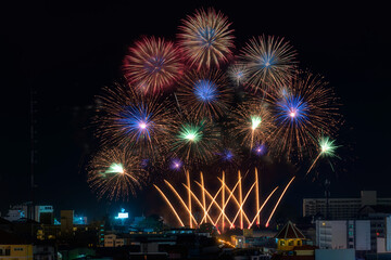 Beautiful sparkling fireworks of various colors display on dark sky.