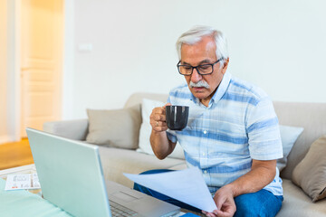 Focused grey-haired elderly man sit on couch reading bank notifications calculating domestic expenditures, concentrated modern mature male consider financial paperwork, pay bills on laptop online