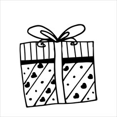 The gift box is closed and decorated with a bow. New Years surprise gift box. Hand drawing doodle. Nice, funny drawing. Black and white drawing. Vector. Icon.