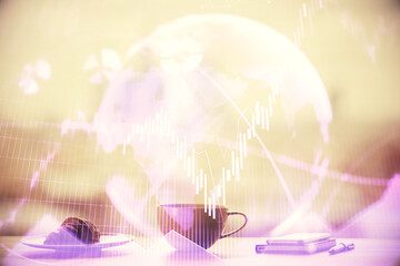 Double exposure of forex chart over coffee cup background in office. Concept of financial analysis and success.