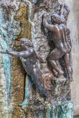Fototapeta na wymiar View Bath of Diana. Bath of Diana is a sculpture and fountain made in bronze, located at the intersections of Granados and Beatas streets in the Historic Center of Malaga. Spain. 