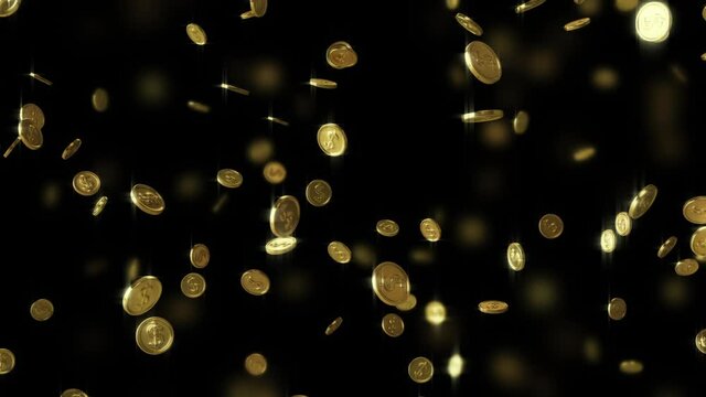 Falling gold coins with dollar symbol. Looped animation on a black background.