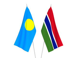National fabric flags of Republic of Gambia and Palau isolated on white background. 3d rendering illustration.