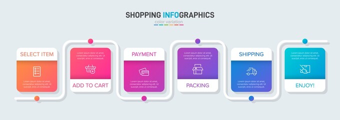 Obraz premium Concept of shopping process with 6 successive steps. Six colorful graphic elements. Timeline design for brochure, presentation, web site. Infographic design layout.