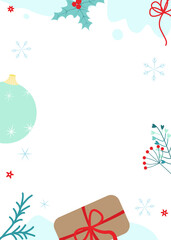 Vector illustration with christmas ball, present, berries and place for text. For greeting card and party invitation, poster or cover, package, advertising, post in social media or mailing, banner.