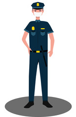 A cop in a medical protective mask standing. Quarantine Control. Coronavirus Prevention. illustration flat design. Isolated on white background.
