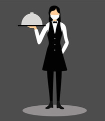 Waiter in face mask serves food. Waiter woman on dark background. Food delivery woman during coronavirus pandemic. Female COVID-19. Flat. illustration