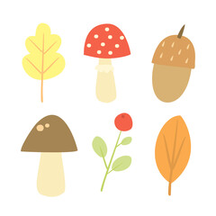 autumn doodle set with mushrooms and leaves