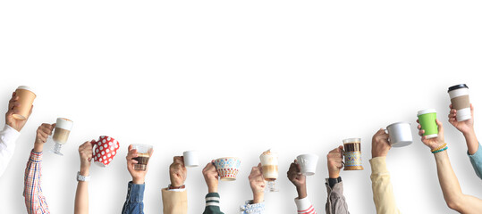 Coffee fun concept. People are holding cups and paper cups of coffee like a smile